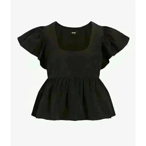 Express Women’s Black Square Neck Peplum Blouse Flutter Sleeve Size Small - Picture 1 of 9